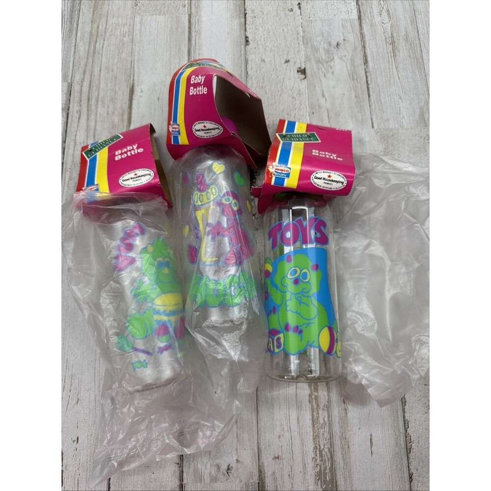 Vintage Remco Baby Bottles Dinosaurs Lot Of 3 New Old Stock 90’s Latex Nipple